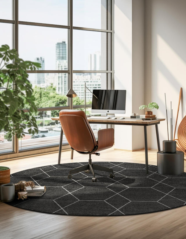 Dark Gray 5' 3 x 5' 3 Trellis Frieze Round Area Rug Geometric Modern Unique Stain Resistant Easy Clean Carpet for Living, Dining, Bedrooms, Office for Sale at Rug Engine