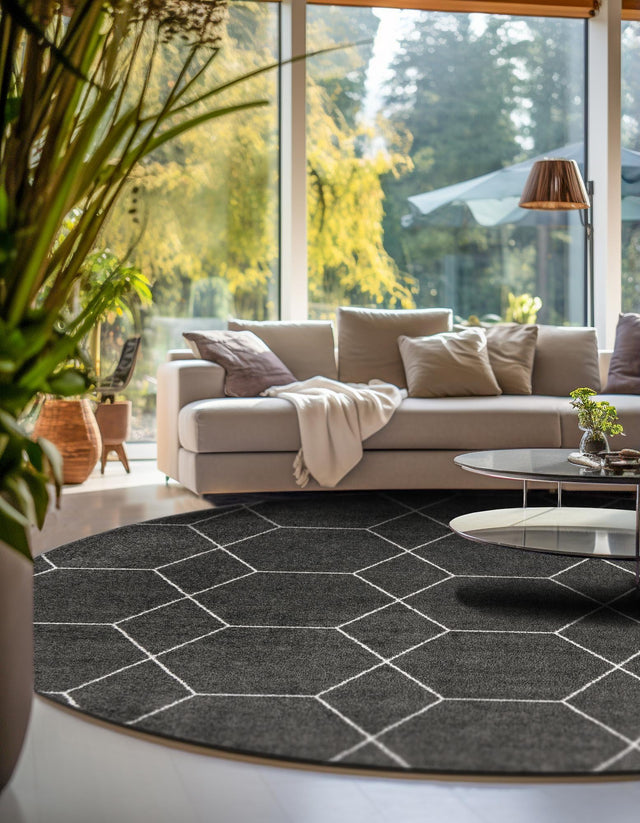 Dark Gray 4' 1 x 4' 1 Trellis Frieze Round Area Rug Geometric Modern Unique Stain Resistant Easy Clean Carpet for Living, Dining, Bedrooms, Office for Sale at Rug Engine
