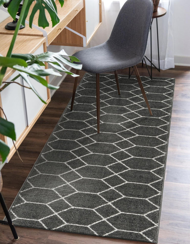 Dark Gray 2' x 10' Trellis Frieze Runner Area Rug Geometric Modern Unique Stain Resistant Easy Clean Carpet for Living, Dining, Bedrooms, Office for Sale at Rug Engine