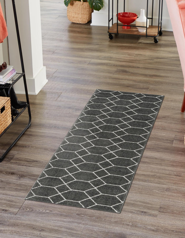 Dark Gray 2' x 10' Trellis Frieze Runner Area Rug Geometric Modern Unique Stain Resistant Easy Clean Carpet for Living, Dining, Bedrooms, Office for Sale at Rug Engine