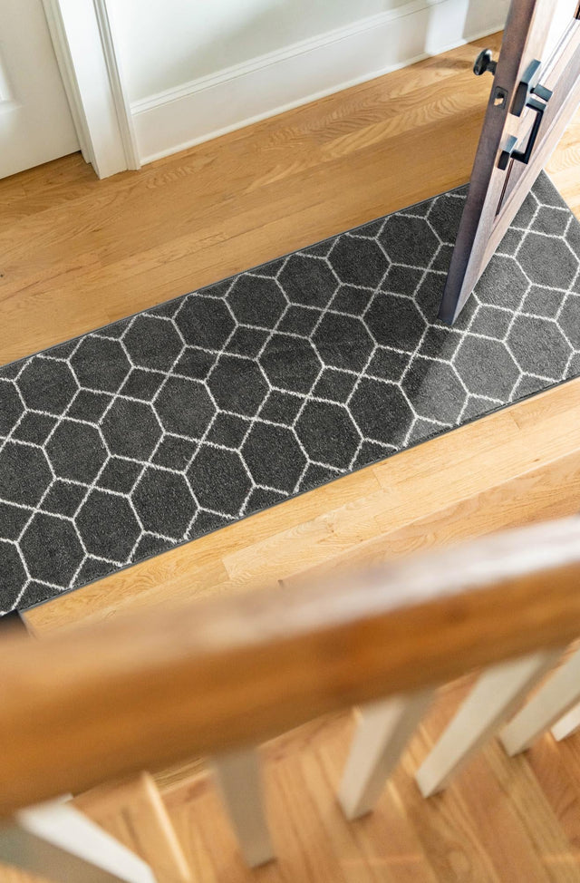 Dark Gray 2' x 10' Trellis Frieze Runner Area Rug Geometric Modern Unique Stain Resistant Easy Clean Carpet for Living, Dining, Bedrooms, Office for Sale at Rug Engine