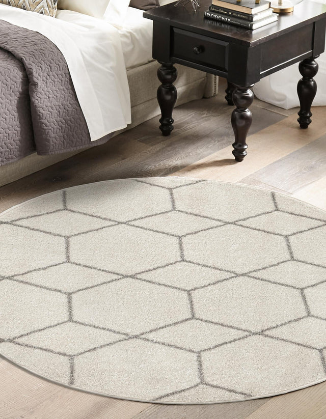 Ivory 6' 1 x 6' 1 Trellis Frieze Round Area Rug Geometric Modern Unique Stain Resistant Easy Clean Carpet for Living, Dining, Bedrooms, Office for Sale at Rug Engine