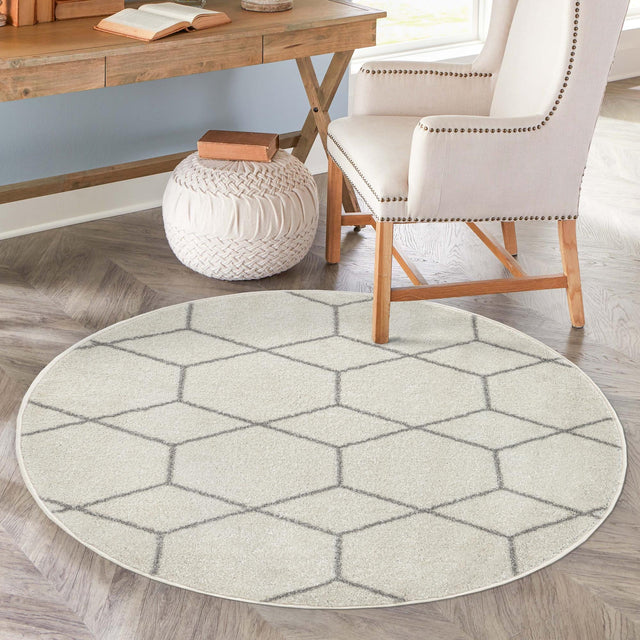 Ivory 4' 1 x 4' 1 Trellis Frieze Round Area Rug Geometric Modern Unique Stain Resistant Easy Clean Carpet for Living, Dining, Bedrooms, Office for Sale at Rug Engine