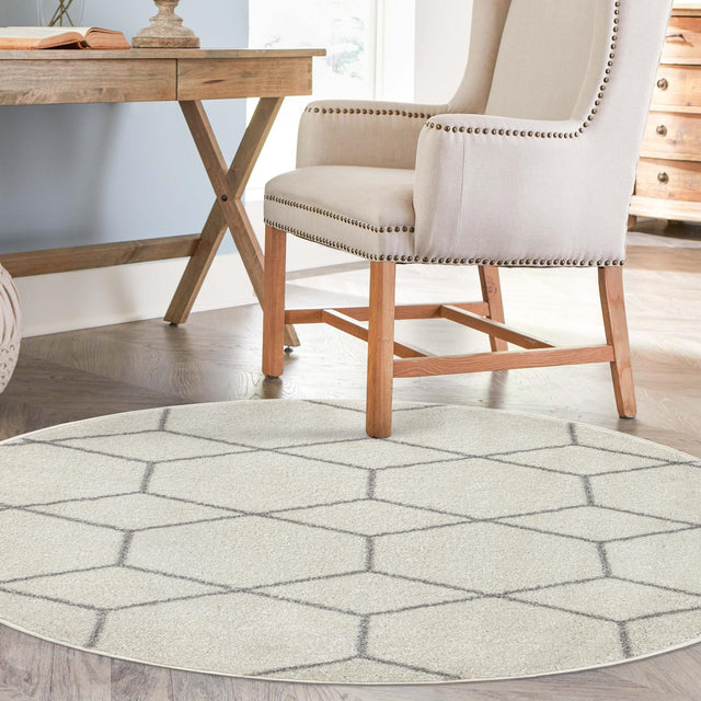 Ivory 4' 1 x 4' 1 Trellis Frieze Round Area Rug Geometric Modern Unique Stain Resistant Easy Clean Carpet for Living, Dining, Bedrooms, Office for Sale at Rug Engine