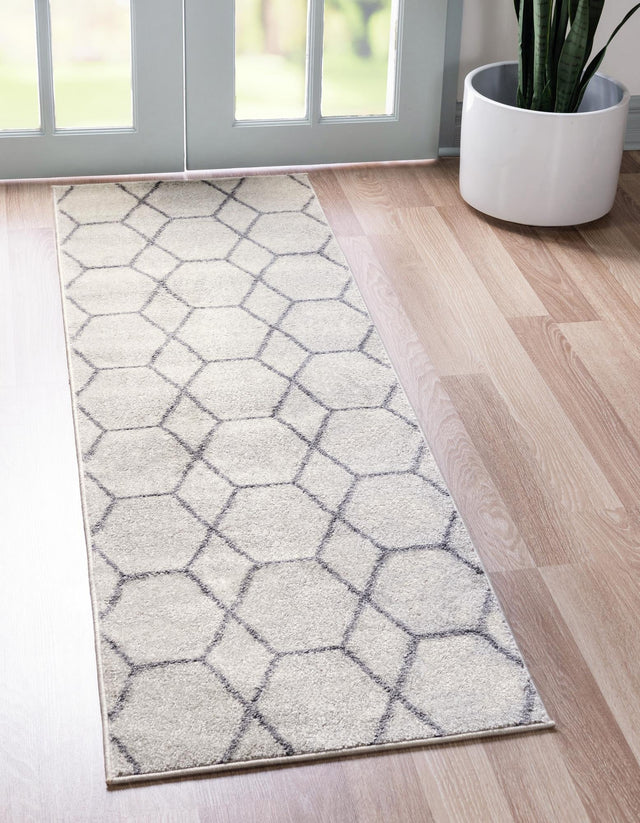 Ivory 2' x 10' Trellis Frieze Runner Area Rug Geometric Modern Unique Stain Resistant Easy Clean Carpet for Living, Dining, Bedrooms, Office for Sale at Rug Engine