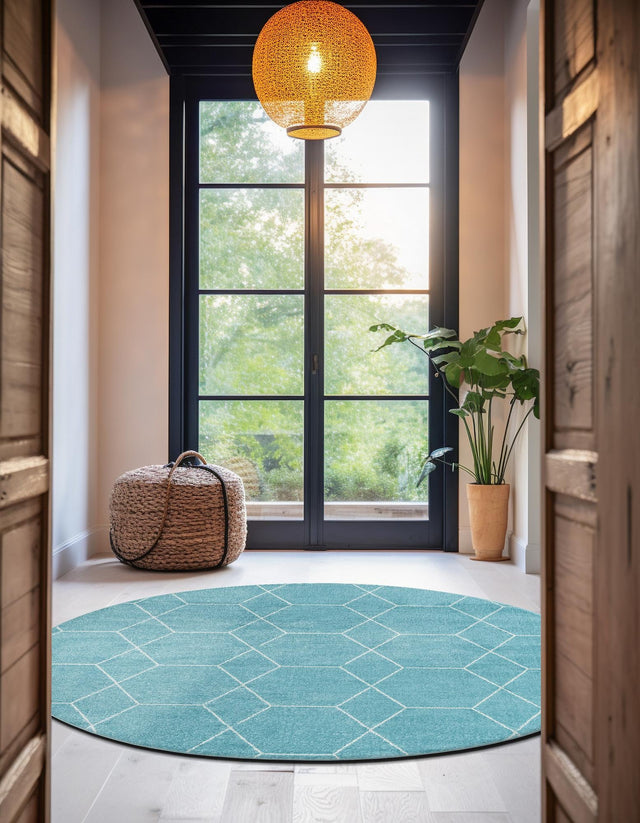 Light Blue 4' 1 x 4' 1 Trellis Frieze Round Area Rug Geometric Modern Unique Stain Resistant Easy Clean Carpet for Living, Dining, Bedrooms, Office for Sale at Rug Engine