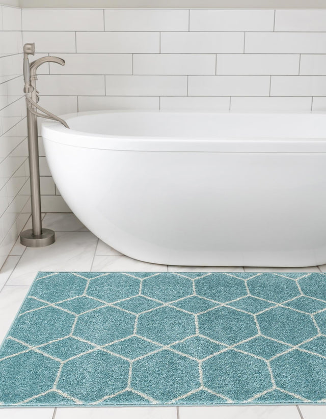 Light Blue 2' x 13' 1 Trellis Frieze Runner Area Rug Geometric Modern Unique Stain Resistant Easy Clean Carpet for Living, Dining, Bedrooms, Office for Sale at Rug Engine