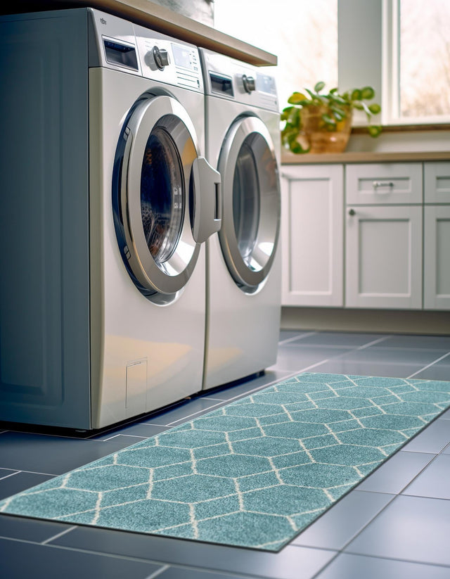 Light Blue 2' x 13' 1 Trellis Frieze Runner Area Rug Geometric Modern Unique Stain Resistant Easy Clean Carpet for Living, Dining, Bedrooms, Office for Sale at Rug Engine