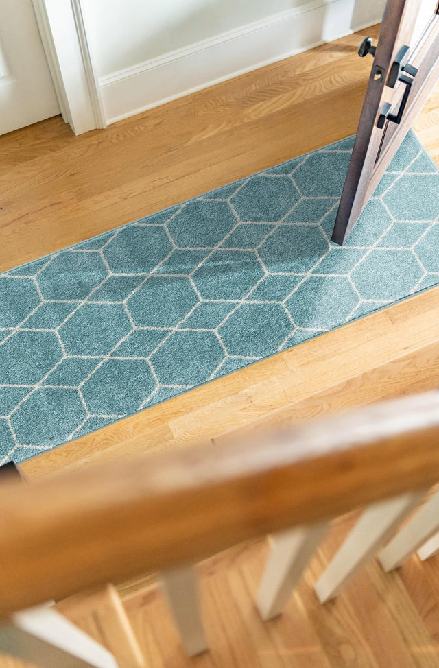 Light Blue 2' x 6' 1 Trellis Frieze Runner Area Rug Geometric Modern Unique Stain Resistant Easy Clean Carpet for Living, Dining, Bedrooms, Office for Sale at Rug Engine
