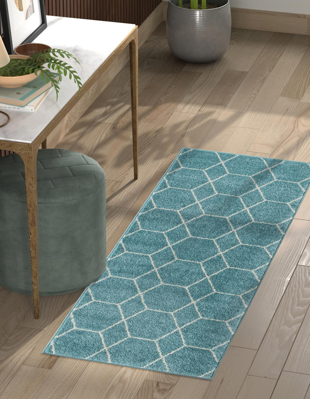 Light Blue 2' x 9' Trellis Frieze Runner Area Rug Geometric Modern Unique Stain Resistant Easy Clean Carpet for Living, Dining, Bedrooms, Office for Sale at Rug Engine