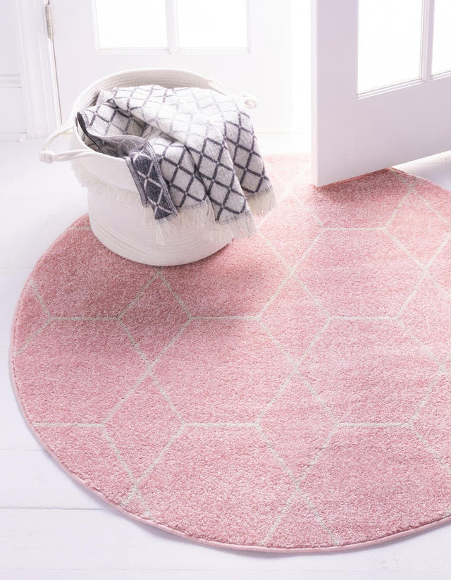 Light Pink 7' 1 x 7' 1 Trellis Frieze Round Area Rug Geometric Modern Unique Stain Resistant Easy Clean Carpet for Living, Dining, Bedrooms, Office for Sale at Rug Engine