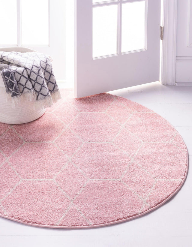 Light Pink 3' 1 x 3' 1 Trellis Frieze Round Area Rug Geometric Modern Unique Stain Resistant Easy Clean Carpet for Living, Dining, Bedrooms, Office for Sale at Rug Engine