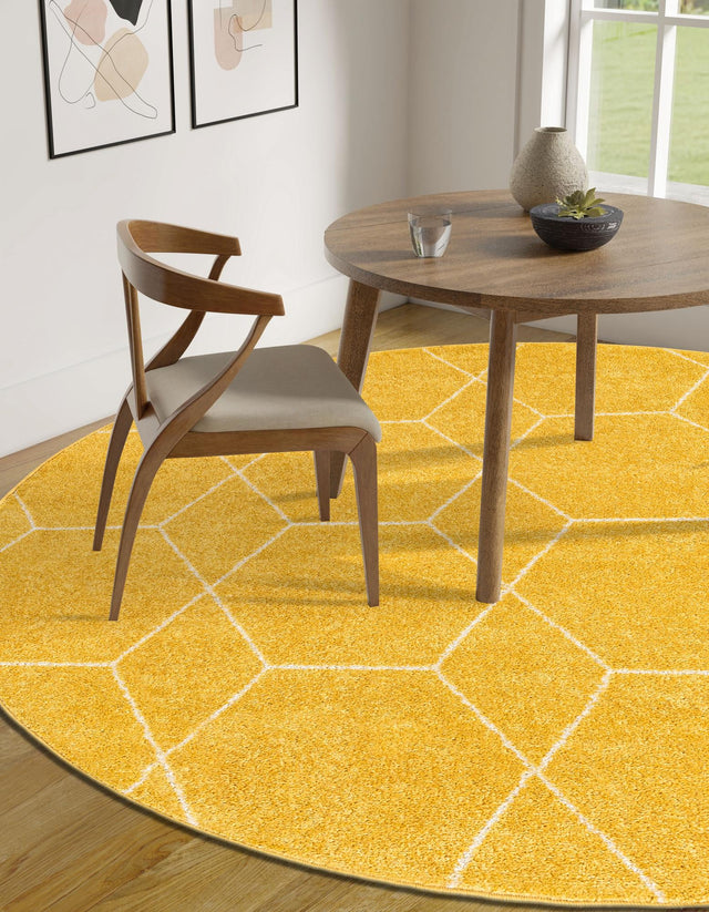 Yellow 4' 1 x 4' 1 Trellis Frieze Round Area Rug Geometric Modern Unique Stain Resistant Easy Clean Carpet for Living, Dining, Bedrooms, Office for Sale at Rug Engine