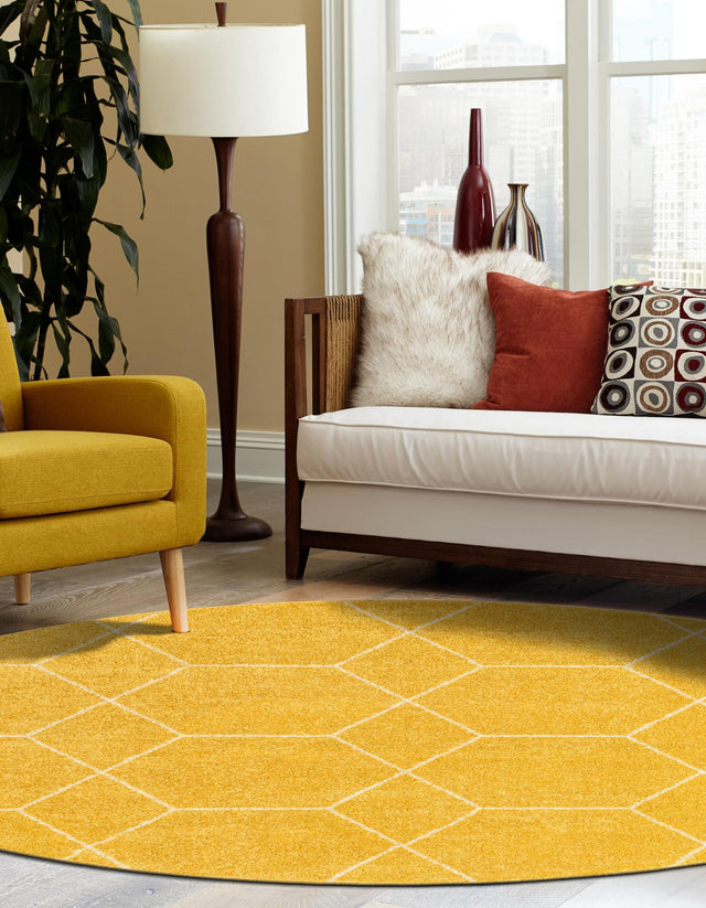 Yellow 4' 1 x 4' 1 Trellis Frieze Round Area Rug Geometric Modern Unique Stain Resistant Easy Clean Carpet for Living, Dining, Bedrooms, Office for Sale at Rug Engine