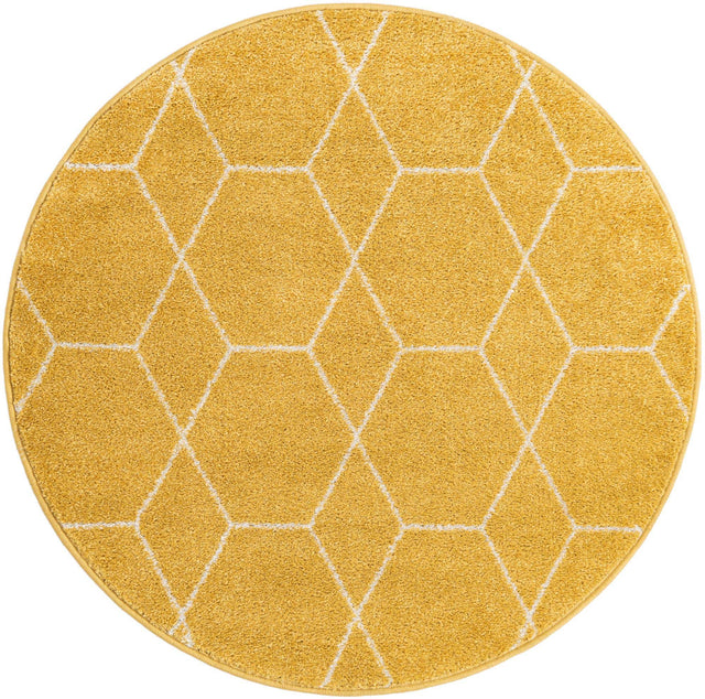 Yellow 4' 1 x 4' 1 Trellis Frieze Round Area Rug Geometric Modern Unique Stain Resistant Easy Clean Carpet for Living, Dining, Bedrooms, Office for Sale at Rug Engine