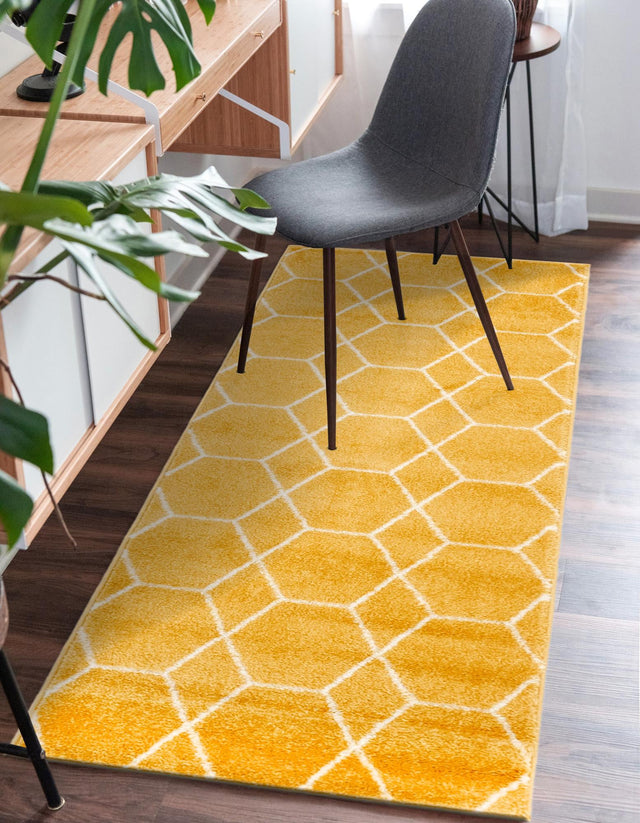 Yellow 2' x 13' 1 Trellis Frieze Runner Area Rug Geometric Modern Unique Stain Resistant Easy Clean Carpet for Living, Dining, Bedrooms, Office for Sale at Rug Engine