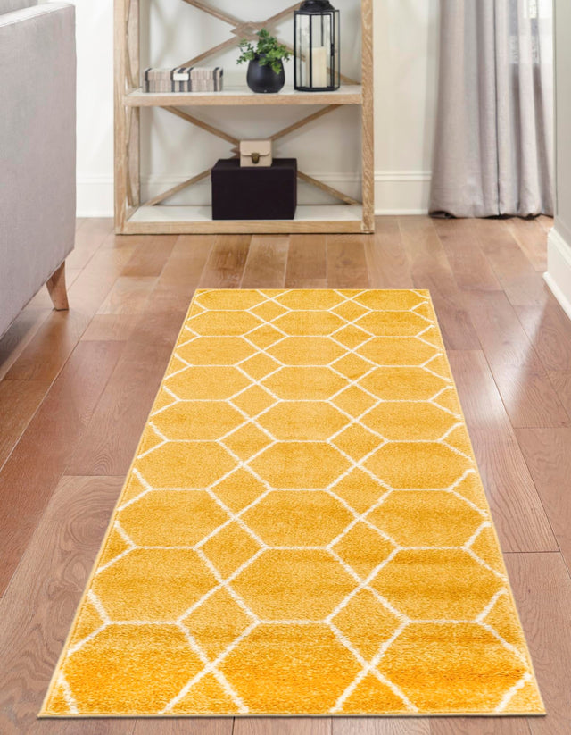 Yellow 2' x 9' Trellis Frieze Runner Area Rug Geometric Modern Unique Stain Resistant Easy Clean Carpet for Living, Dining, Bedrooms, Office for Sale at Rug Engine