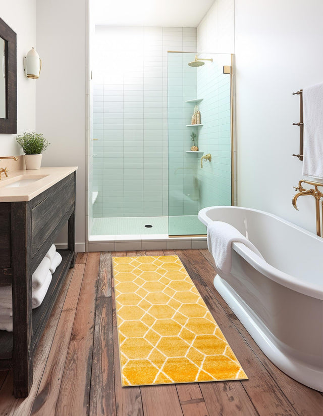 Yellow 2' x 13' 1 Trellis Frieze Runner Area Rug Geometric Modern Unique Stain Resistant Easy Clean Carpet for Living, Dining, Bedrooms, Office for Sale at Rug Engine