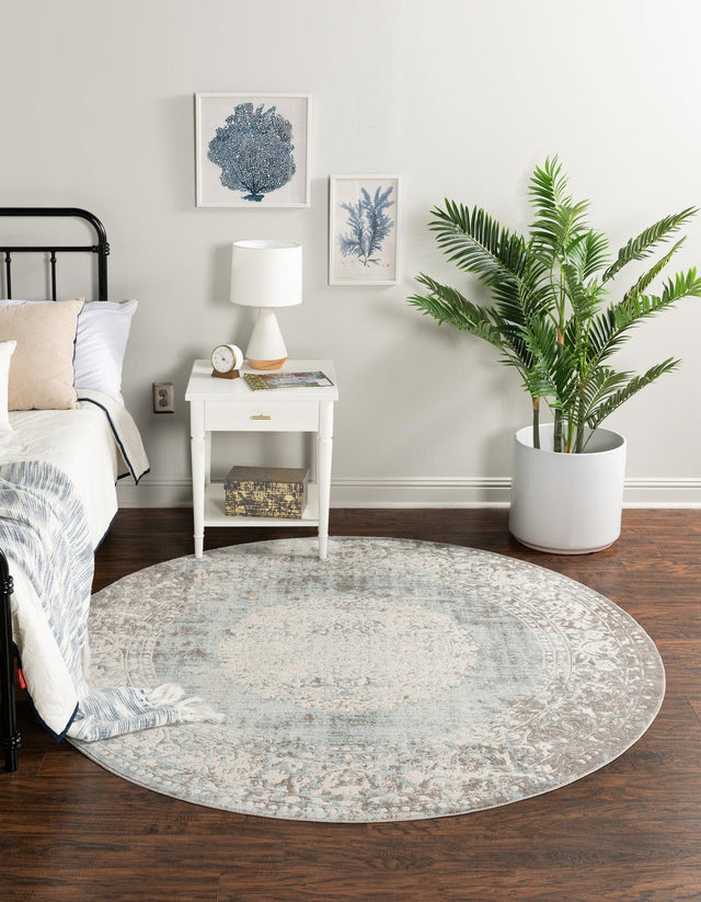 Light Blue 8' x 8' New Classical Round Area Rug 70% Polypropylene & 30% Polyester Traditional Vintage Distressed Carpet for Interior Design Home Decor for Sale at Rug Engine
