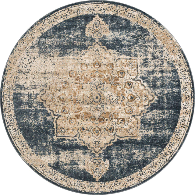 Dark Blue 6' 1 x 6' 1 Chateau Round Area Rug 85% Polypropylene & 15% Chenille With Cotton Backing Traditional Vintage Distressed Carpet for Classical Interior Design Decorating for Sale at Rug Engine