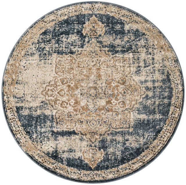Dark Blue 3' 1 x 3' 1 Chateau Round Area Rug 85% Polypropylene & 15% Chenille With Cotton Backing Traditional Vintage Distressed Carpet for Classical Interior Design Decorating for Sale at Rug Engine