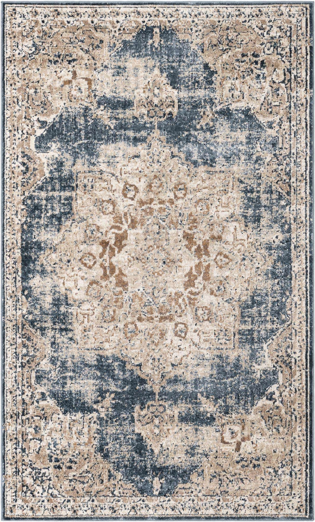 Dark Blue 3' 1 x 5' 3 Chateau Rectangle Area Rug 85% Polypropylene & 15% Chenille With Cotton Backing Traditional Vintage Distressed Carpet for Classical Interior Design Decorating for Sale at Rug Engine