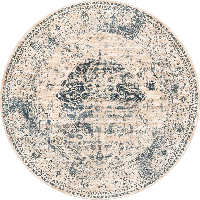 Dark Blue 6' 1 x 6' 1 Chateau Round Area Rug 85% Polypropylene & 15% Chenille With Cotton Backing Traditional Vintage Distressed Carpet for Classical Interior Design Decorating for Sale at Rug Engine
