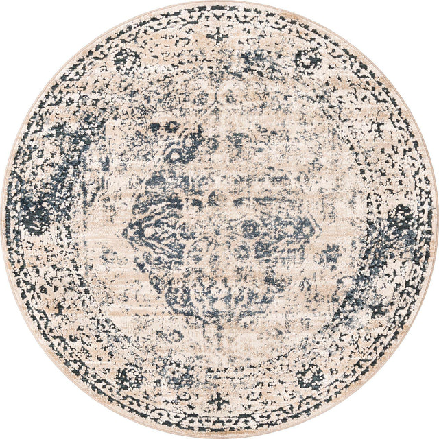 Dark Blue 3' 1 x 3' 1 Chateau Round Area Rug 85% Polypropylene & 15% Chenille With Cotton Backing Traditional Vintage Distressed Carpet for Classical Interior Design Decorating for Sale at Rug Engine