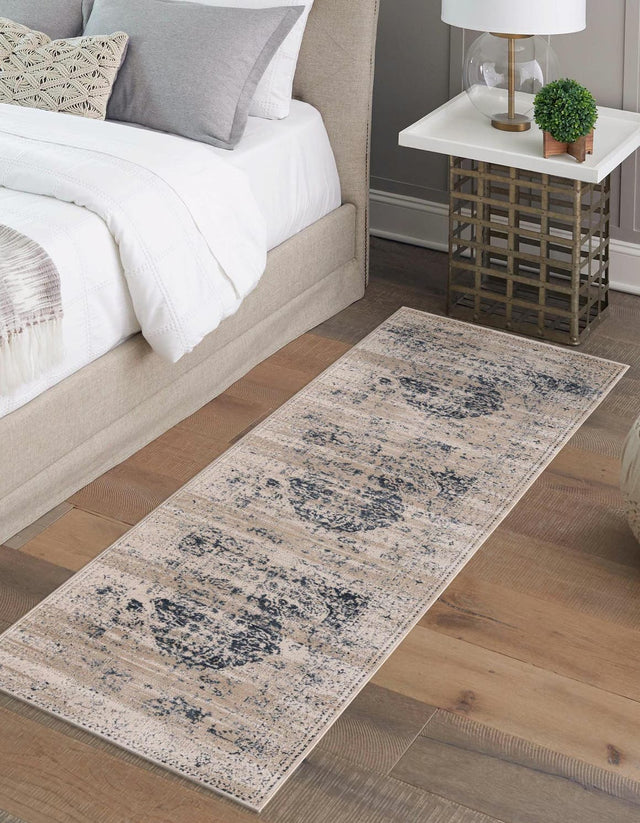Dark Blue 2' x 6' 9 Chateau Runner Area Rug 85% Polypropylene & 15% Chenille With Cotton Backing Traditional Vintage Distressed Carpet for Classical Interior Design Decorating for Sale at Rug Engine