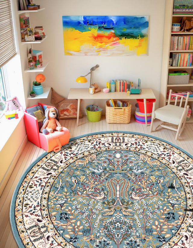 Blue 3' 1 x 3' 1 Narenj Round Area Rug 85% Polypropylene & 15% Polyester Traditional Classic Carpet for Living, Dining, Bedrooms, Office for Sale at Rug Engine