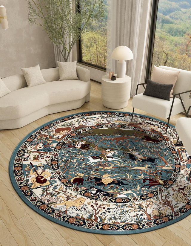Blue 6' 1 x 6' 1 Narenj Round Area Rug 85% Polypropylene & 15% Polyester Traditional Classic Carpet for Living, Dining, Bedrooms, Office for Sale at Rug Engine