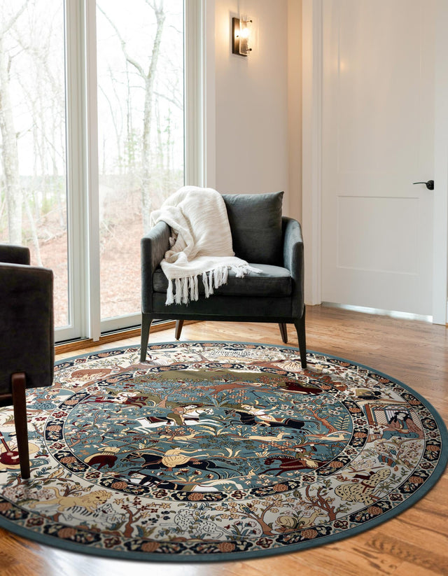 Blue 7' 10 x 7' 10 Narenj Round Area Rug 85% Polypropylene & 15% Polyester Traditional Classic Carpet for Living, Dining, Bedrooms, Office for Sale at Rug Engine