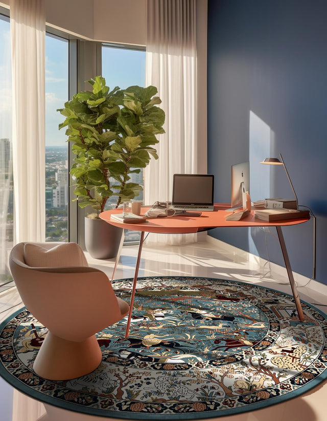 Blue 7' 10 x 7' 10 Narenj Round Area Rug 85% Polypropylene & 15% Polyester Traditional Classic Carpet for Living, Dining, Bedrooms, Office for Sale at Rug Engine