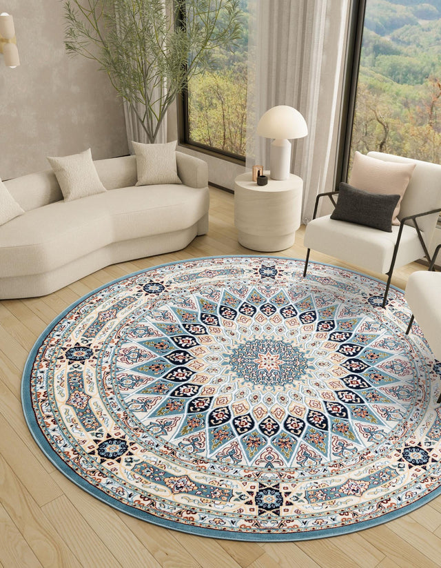 Blue 4' 1 x 4' 1 Narenj Round Area Rug 85% Polypropylene & 15% Polyester Traditional Classic Carpet for Living, Dining, Bedrooms, Office for Sale at Rug Engine