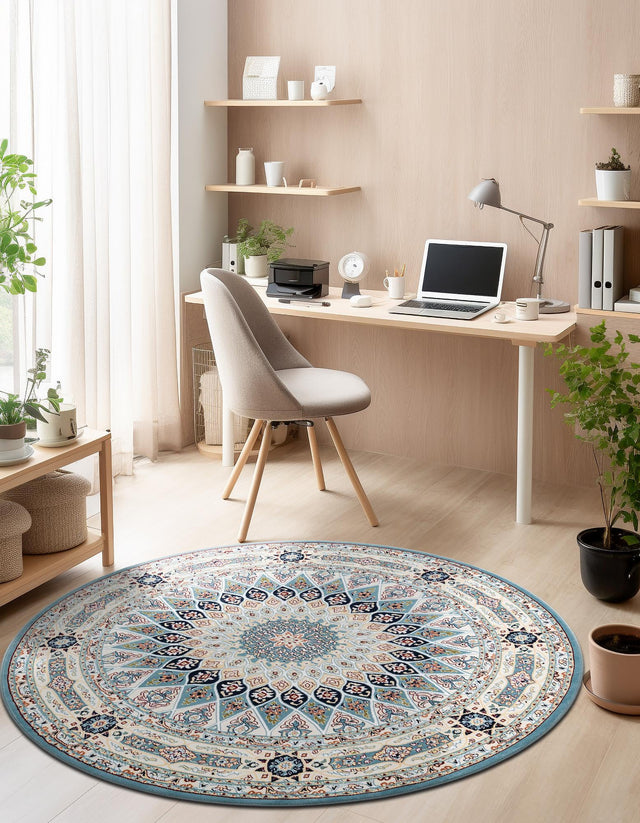 Blue 6' 1 x 6' 1 Narenj Round Area Rug 85% Polypropylene & 15% Polyester Traditional Classic Carpet for Living, Dining, Bedrooms, Office for Sale at Rug Engine