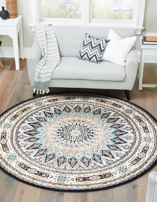 Navy Blue 10' x 10' Narenj Round Area Rug 85% Polypropylene & 15% Polyester Traditional Classic Carpet for Living, Dining, Bedrooms, Office for Sale at Rug Engine