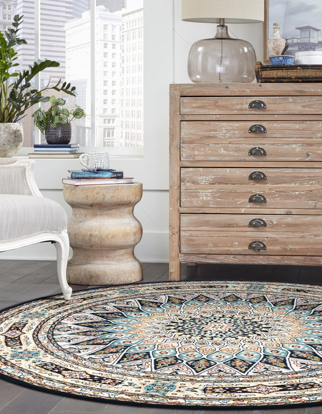 Navy Blue 10' x 10' Narenj Round Area Rug 85% Polypropylene & 15% Polyester Traditional Classic Carpet for Living, Dining, Bedrooms, Office for Sale at Rug Engine