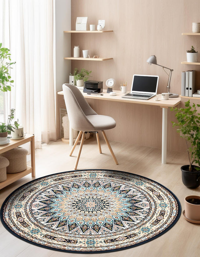 Navy Blue 7' 10 x 8' Narenj Round Area Rug 85% Polypropylene & 15% Polyester Traditional Classic Carpet for Living, Dining, Bedrooms, Office for Sale at Rug Engine