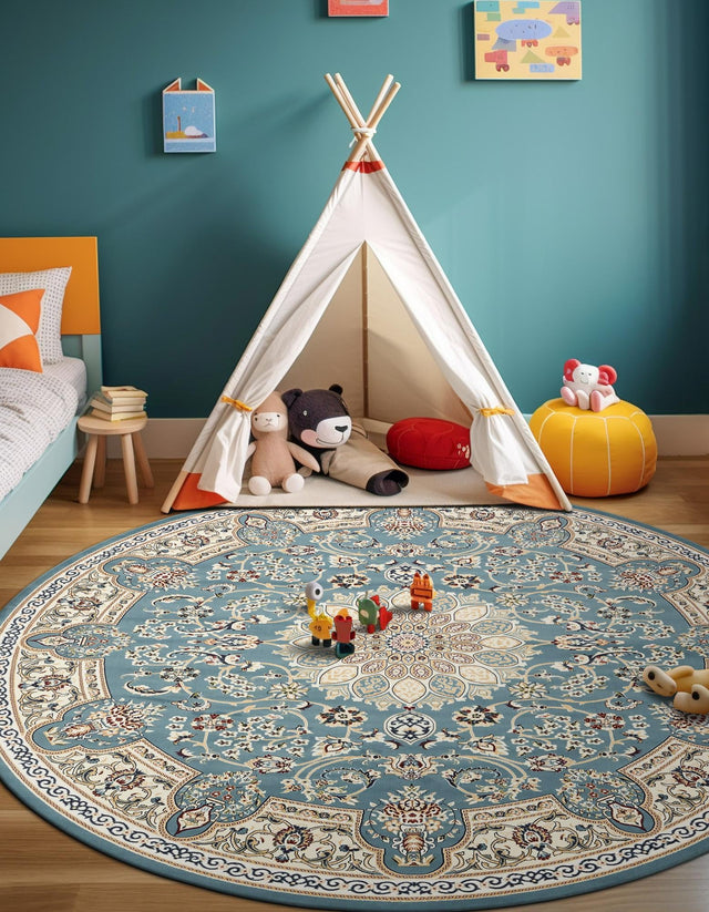 Blue 5' 3 x 5' 3 Narenj Round Area Rug 85% Polypropylene & 15% Polyester Traditional Classic Carpet for Living, Dining, Bedrooms, Office for Sale at Rug Engine