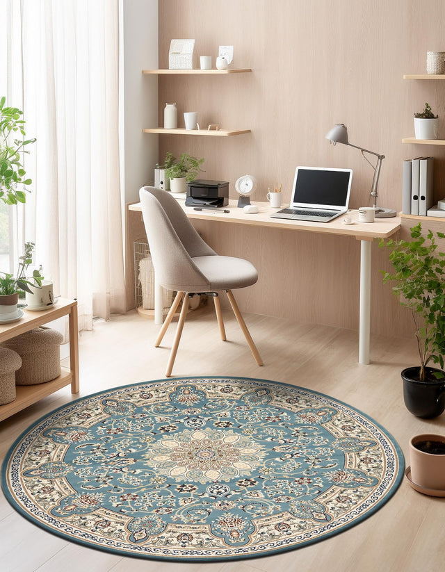 Blue 5' 3 x 5' 3 Narenj Round Area Rug 85% Polypropylene & 15% Polyester Traditional Classic Carpet for Living, Dining, Bedrooms, Office for Sale at Rug Engine