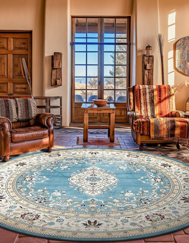 Blue 10' x 10' Narenj Round Area Rug 85% Polypropylene & 15% Polyester Traditional Classic Carpet for Living, Dining, Bedrooms, Office for Sale at Rug Engine