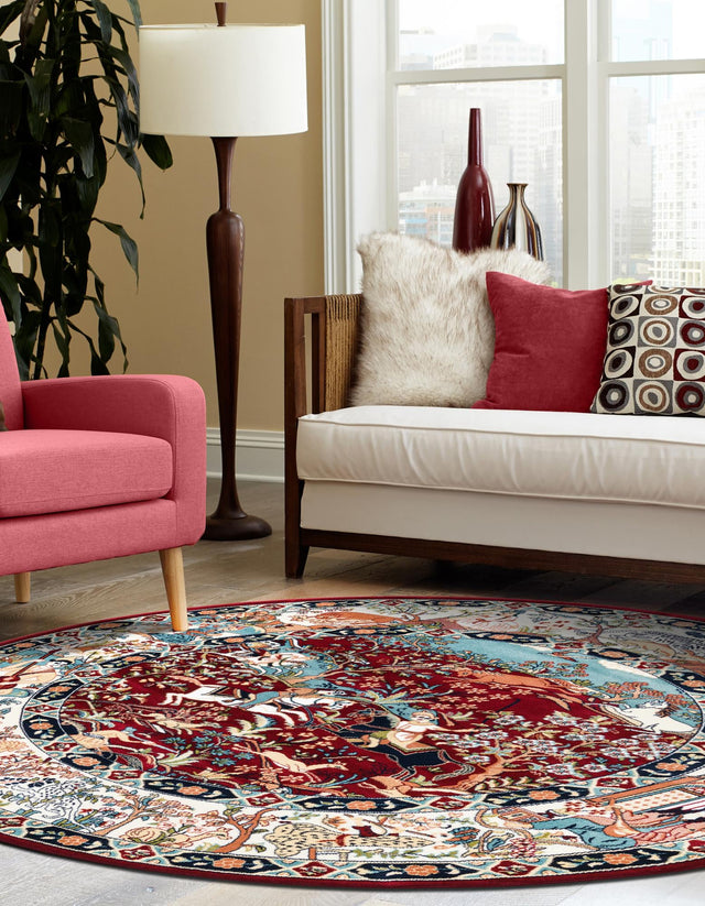 Burgundy 5' 3 x 5' 3 Narenj Round Area Rug 85% Polypropylene & 15% Polyester Traditional Classic Carpet for Living, Dining, Bedrooms, Office for Sale at Rug Engine