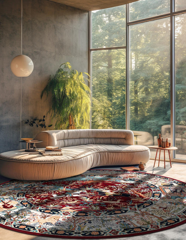 Burgundy 5' 3 x 5' 3 Narenj Round Area Rug 85% Polypropylene & 15% Polyester Traditional Classic Carpet for Living, Dining, Bedrooms, Office for Sale at Rug Engine