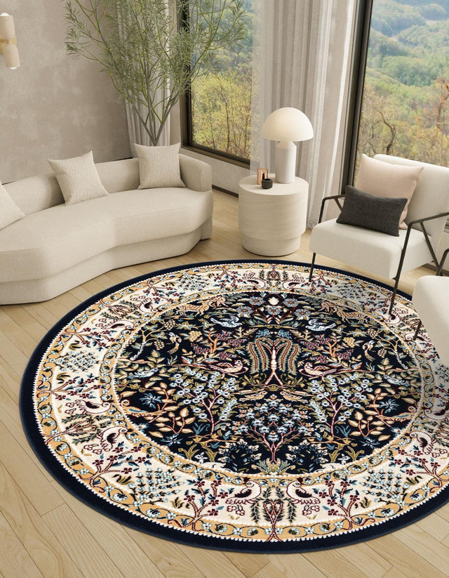 Navy Blue 5' 3 x 5' 3 Narenj Round Area Rug 85% Polypropylene & 15% Polyester Traditional Classic Carpet for Living, Dining, Bedrooms, Office for Sale at Rug Engine