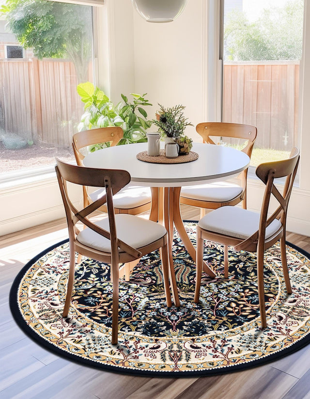 Navy Blue 5' 3 x 5' 3 Narenj Round Area Rug 85% Polypropylene & 15% Polyester Traditional Classic Carpet for Living, Dining, Bedrooms, Office for Sale at Rug Engine