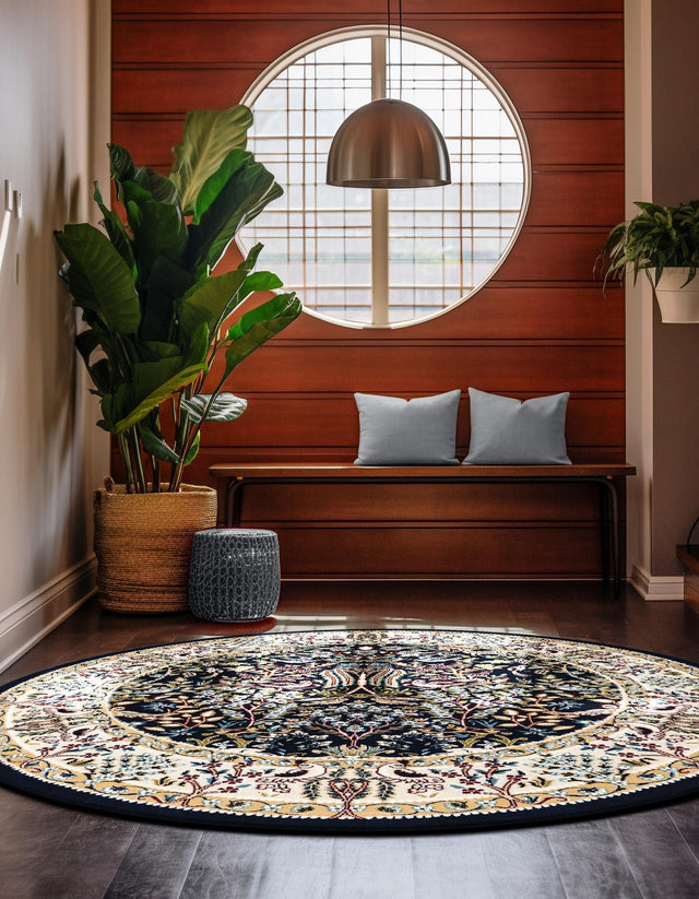 Navy Blue 5' 3 x 5' 3 Narenj Round Area Rug 85% Polypropylene & 15% Polyester Traditional Classic Carpet for Living, Dining, Bedrooms, Office for Sale at Rug Engine