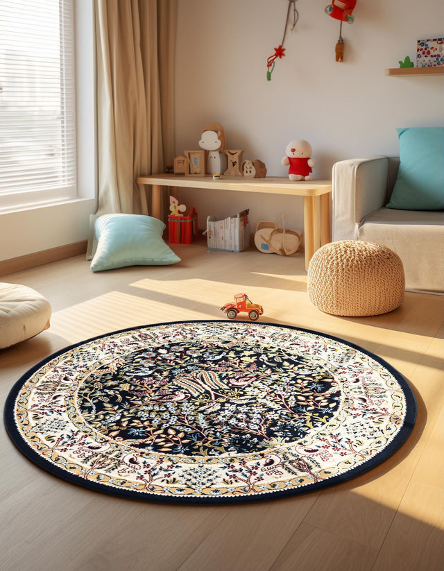 Navy Blue 5' 3 x 5' 3 Narenj Round Area Rug 85% Polypropylene & 15% Polyester Traditional Classic Carpet for Living, Dining, Bedrooms, Office for Sale at Rug Engine