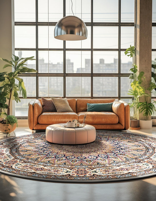 Ivory 5' 3 x 5' 3 Narenj Round Area Rug 85% Polypropylene & 15% Polyester Traditional Classic Carpet for Living, Dining, Bedrooms, Office for Sale at Rug Engine