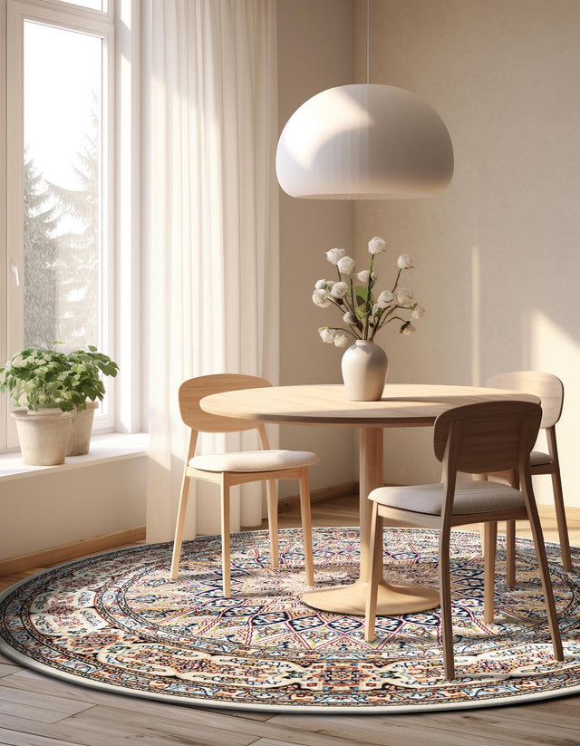 Ivory 5' 3 x 5' 3 Narenj Round Area Rug 85% Polypropylene & 15% Polyester Traditional Classic Carpet for Living, Dining, Bedrooms, Office for Sale at Rug Engine