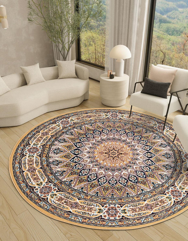 Beige 5' 3 x 5' 3 Narenj Round Area Rug 85% Polypropylene & 15% Polyester Traditional Classic Carpet for Living, Dining, Bedrooms, Office for Sale at Rug Engine